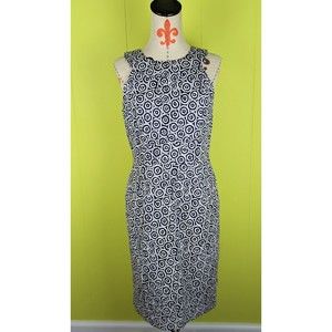 Adrianna Papell Women 10 Sleeveless Pencil Navy Blue White Geometric Dress EUC